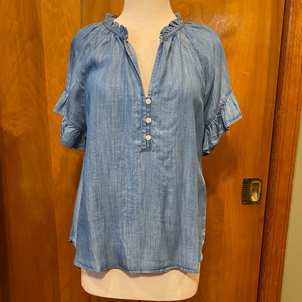 Lands' End Light Blue Ruffle Sleeve Blouse